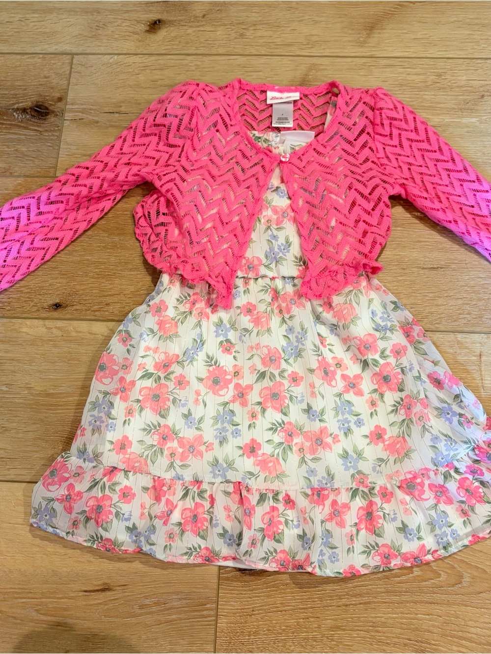 Little Lass Hot Pink Crochet Cardigan with Floral Dress